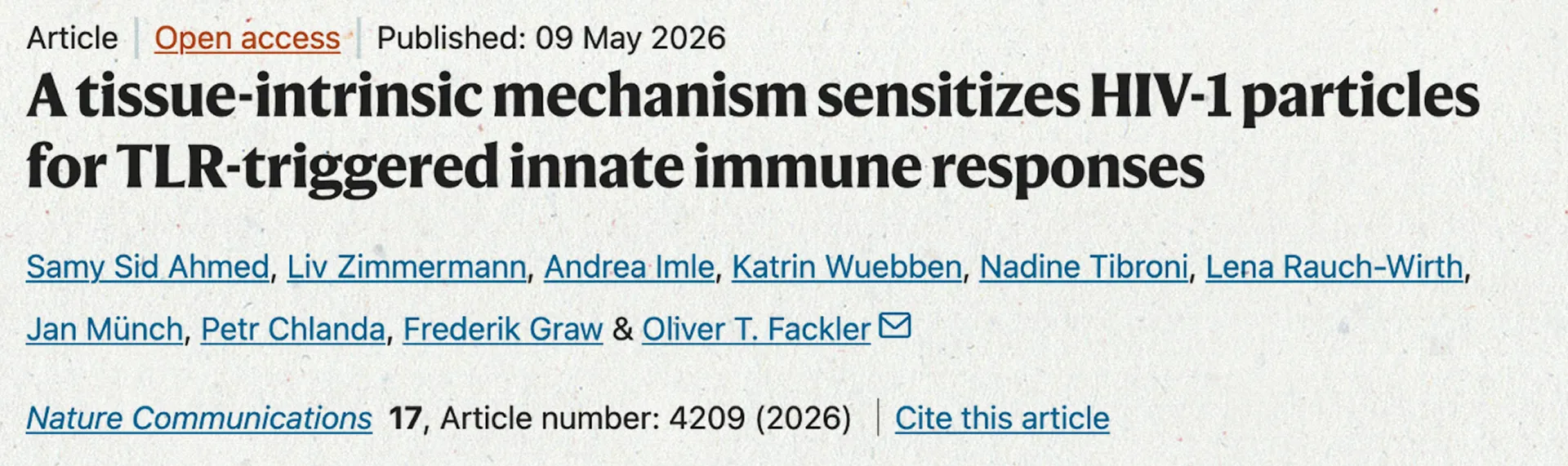 Oliver Fackler + Petr Chlanda: “A tissue-intrinsic mechanism sensitizes HIV-1 particles for TLR-triggered innate immune responses”