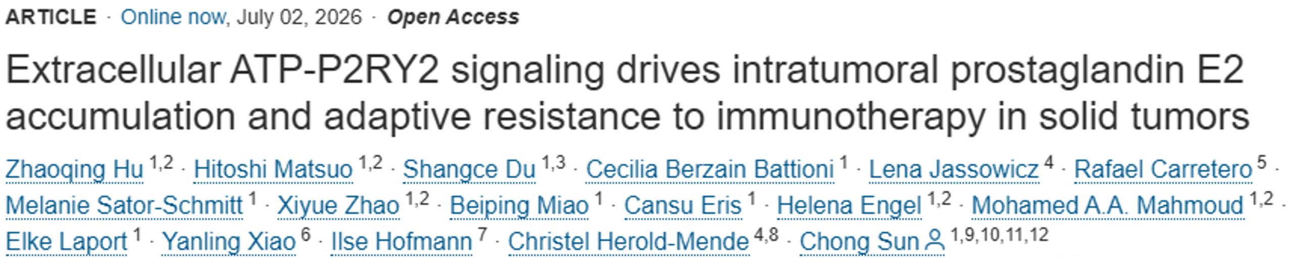 The lab of SynthImmune PI Chong Sun has published a paper in the journal Immunity entitled “Extracellular ATP-P2RY2 signaling drives intratumoral prostaglandin E2 accumulation and adaptive resistance to immunotherapy in solid tumors”.