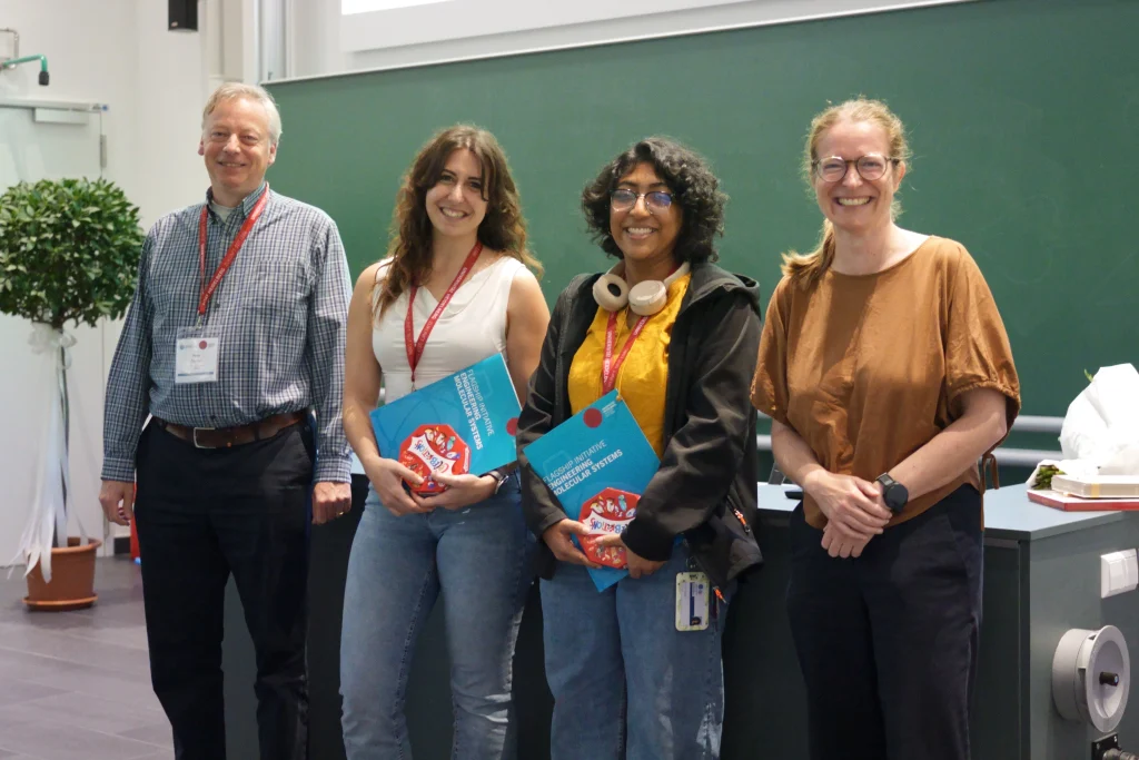 The Winners of the LEMS Conference Poster Prizes, sponsored by Wiley. In the photograph, left to right: Prof. Dr. Peer Fischer, Dr. Inmaculada De Dios Perez, Varuni Nagesh, and Prof. Dr. Christine Selhuber-Unkel